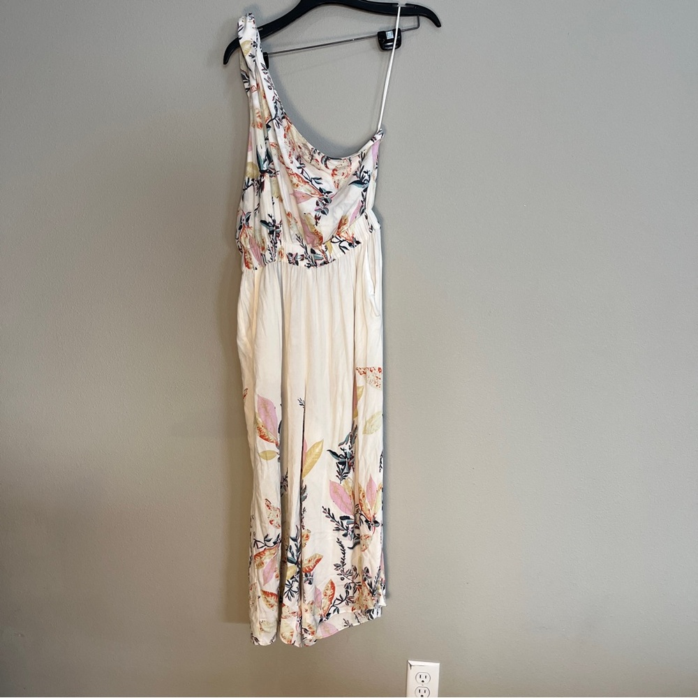 Free People Jumpsuit Island Time Floral Womens Small Cream One Shoulder Wide Leg